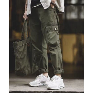 Cargo Pants Men's Green Patch Pocket Trousers Uncle Fu 100% Cotton Waist 30